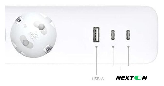 Удлинитель Xiaomi Mi Power Strip 20W 2C1A XMCXB01EU (USB Type-A + 2 USB Type-C, белый, международная версия) - Изображение №5 — Интернет-магазин Nexton