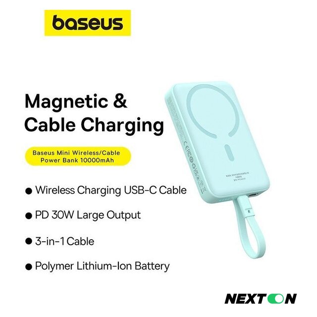 Внешний аккумулятор Baseus Magnetic Fast Charge Power Bank Type-C Edition 30W 10000mAh (мятный) - Изображение №12 — Интернет-магазин Nexton