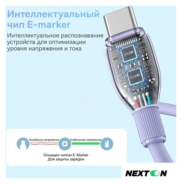 Кабель Baseus Pudding Series Fast Charging Cable 100W USB Type-C - USB Type-C (1.2 м, фиолетовый) - Изображение №8 — Интернет-магазин Nexton