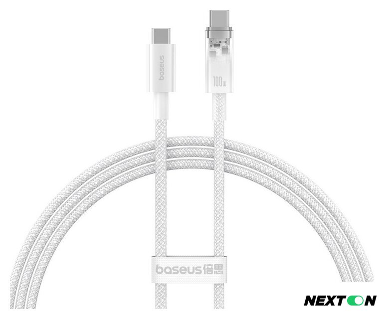Кабель Baseus Explorer Series Fast Charging Cable Auto Power-Off For Overheating 100W USB Type-C - USB Type-C (1 м, белый) - Изображение №1 — Интернет-магазин Nexton