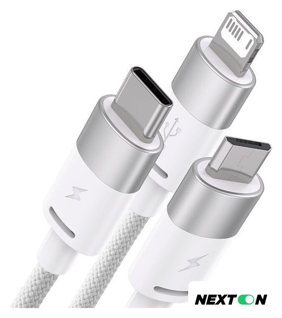 Кабель Baseus One-For-Three Fast Charging Data Cable 3.5A USB Type-A - USB Type-C/microUSB/Lightning (0.5 м, белый) - Изображение №2 — Интернет-магазин Nexton