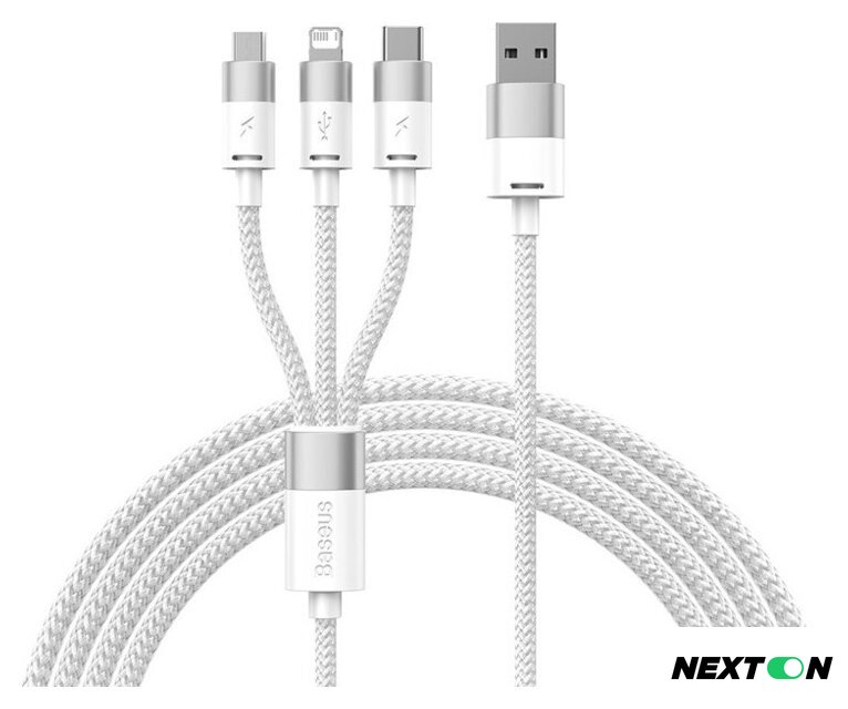 Кабель Baseus One-For-Three Fast Charging Data Cable 3.5A USB Type-A - USB Type-C/microUSB/Lightning (0.5 м, белый) - Изображение №1 — Интернет-магазин Nexton
