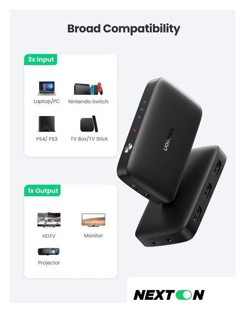 Переключатель Ugreen CM332 80125 4 x HDMI (с пультом ДУ, черный) - Изображение №3 — Интернет-магазин Nexton