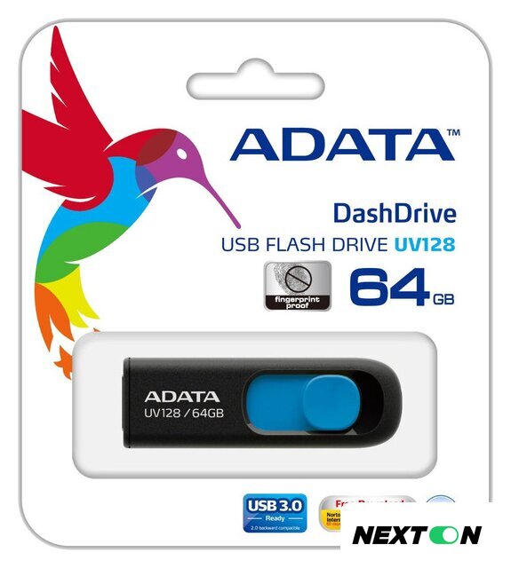 USB Flash ADATA DashDrive UV128 64GB (черный/синий) - Изображение №4 — Интернет-магазин Nexton
